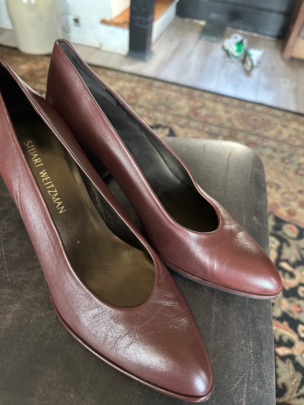 Stuart Weitzman Dark Brown Leather Block Heel Pumps with Gold Accent - Picture 4 of 11